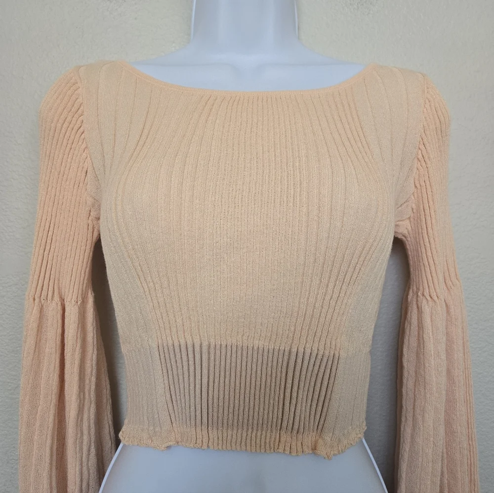 Zara Knit Crop Balloon Sleeve Peach Blouse Top Size Medium